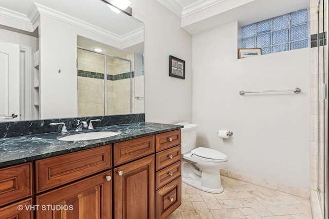 1307 W Wellington Ave, Chicago, IL 60657 - bathroom featuring toilet, crown molding, a stall shower, vanity, and baseboards