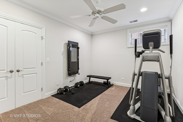 1307 W Wellington Ave, Chicago, IL 60657 - workout room with a ceiling fan, baseboards, recessed lighting, carpet floors, and crown molding