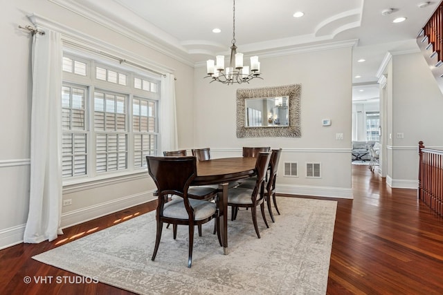 1307 W Wellington Ave, Chicago, IL 60657 - dining area with a chandelier, wood finished floors, crown molding, baseboards, and recessed lighting