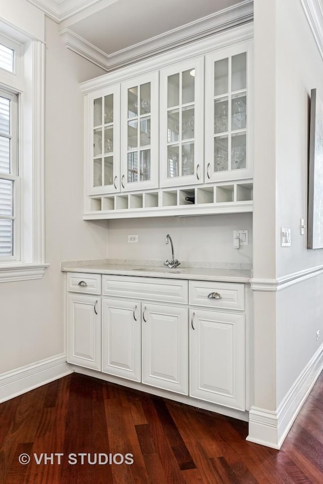 1307 W Wellington Ave, Chicago, IL 60657 - bar featuring a sink, dark wood-style floors, baseboards, and crown molding