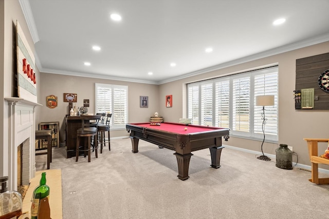 playroom featuring pool table, ornamental molding, carpet flooring, and baseboards