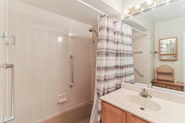 full bath with vanity and shower / bath combo with shower curtain