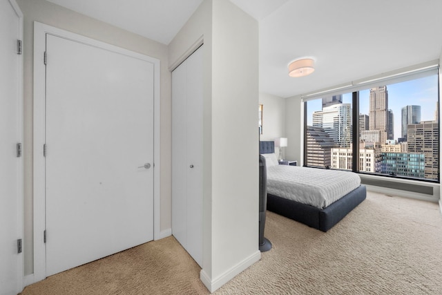 bedroom with a view of city, baseboards, and carpet flooring