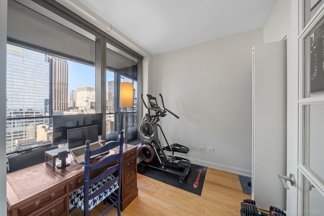 office space featuring baseboards and wood finished floors