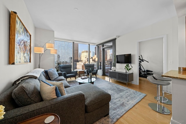 living room featuring a wall of windows and wood finished floors