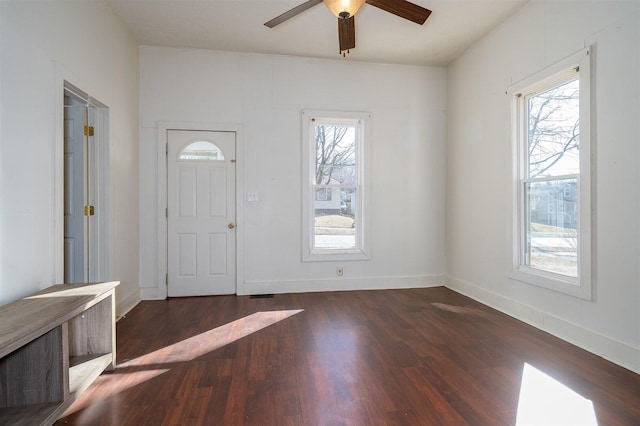 entryway with wood finished floors, a wealth of natural light, and baseboards