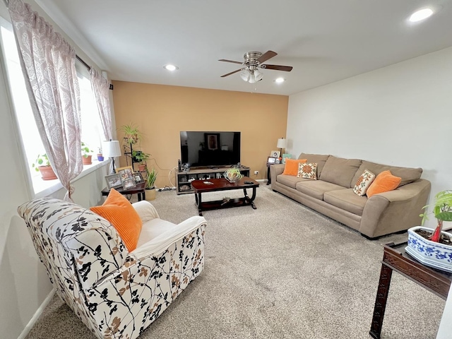 carpeted living room with baseboards, a ceiling fan, and recessed lighting