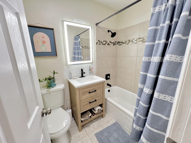 full bathroom with vanity, tile patterned flooring, toilet, and shower / bathtub combination with curtain