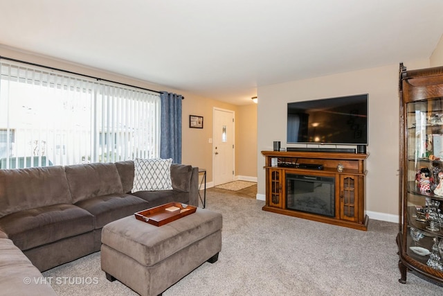 living area with a glass covered fireplace, carpet, and baseboards