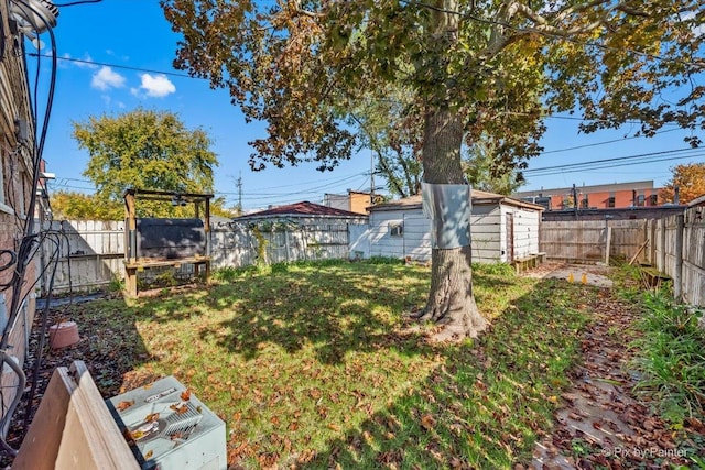 view of yard with a shed, an outdoor structure, and a fenced backyard