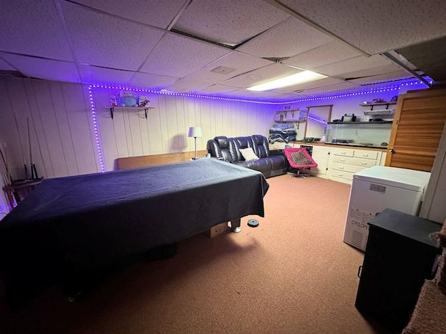 rec room featuring carpet, pool table, and a drop ceiling