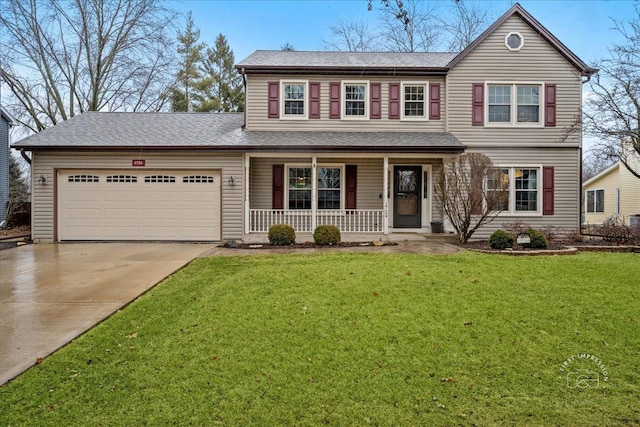 traditional home with a porch, a garage, driveway, roof with shingles, and a front yard