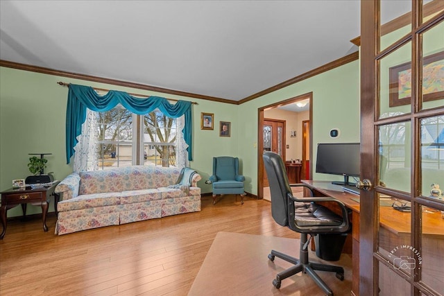 office with crown molding, baseboards, and wood finished floors