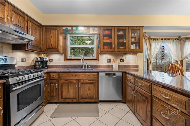 kitchen featuring stainless steel appliances, tasteful backsplash, a sink, dark stone countertops, and under cabinet range hood