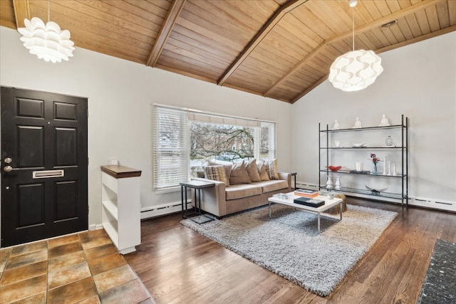 living area with vaulted ceiling with beams, wood finished floors, baseboard heating, and a chandelier