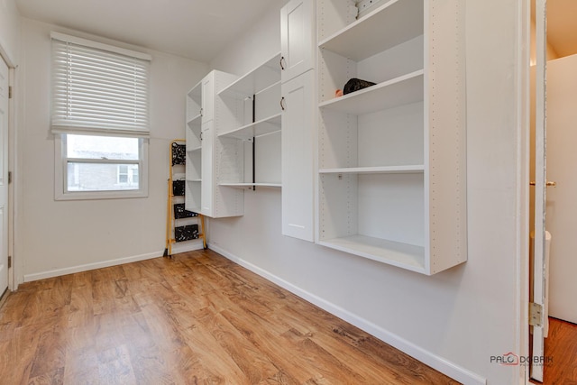 walk in closet with light wood-style flooring