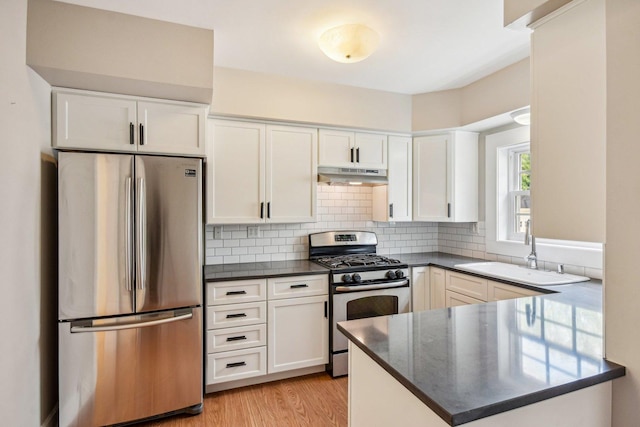 kitchen with appliances with stainless steel finishes, a sink, under cabinet range hood, and white cabinetry