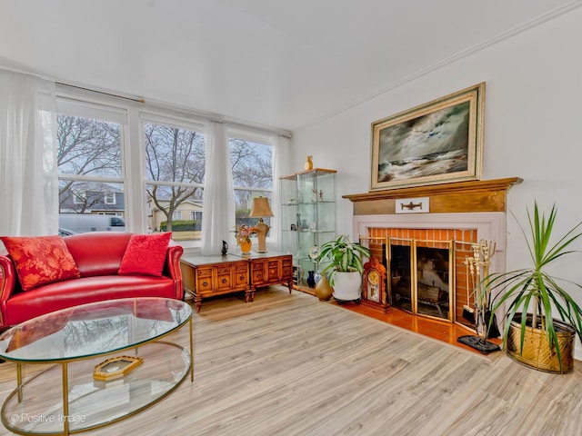 living area with a brick fireplace and wood finished floors