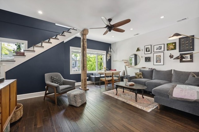 living room with hardwood / wood-style flooring, recessed lighting, a ceiling fan, visible vents, and stairway