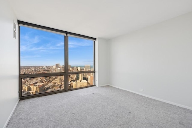 carpeted empty room featuring expansive windows, a city view, visible vents, and baseboards