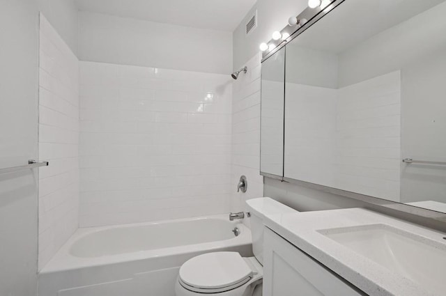 bathroom with shower / bath combination, visible vents, toilet, and vanity