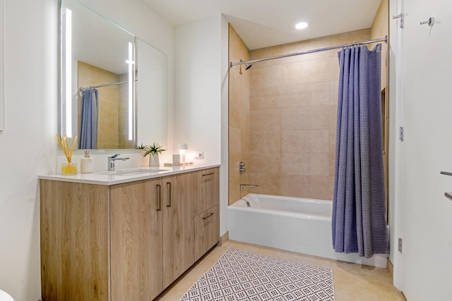 full bath featuring shower / tub combo with curtain, vanity, and tile patterned floors