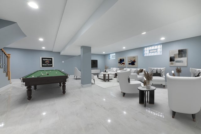 rec room with pool table, recessed lighting, and baseboards