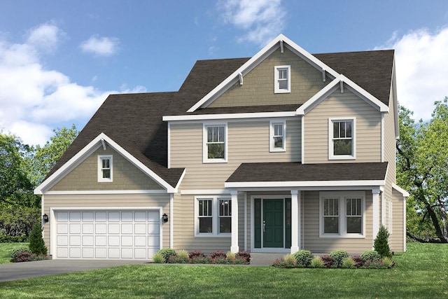 craftsman-style house featuring a shingled roof, a front yard, concrete driveway, and an attached garage