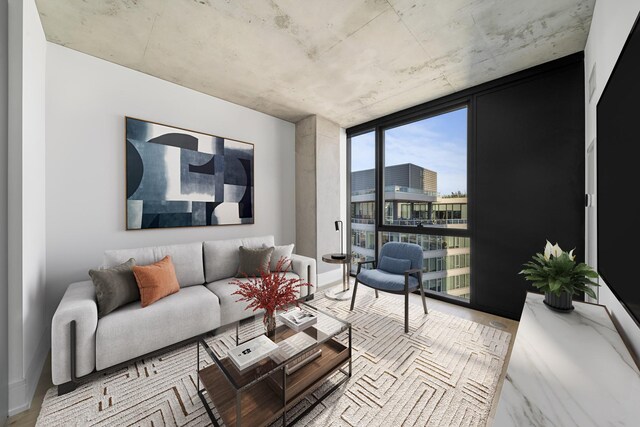 living room with a wall of windows