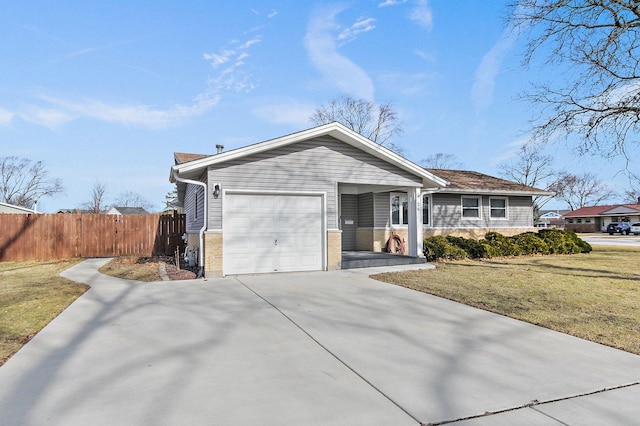 single story home with an attached garage, driveway, a front yard, and fence