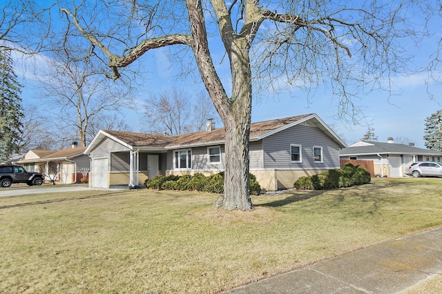 ranch-style home with a front yard, an attached garage, fence, and brick siding