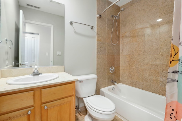 bathroom with toilet, shower / bath combo with shower curtain, vanity, and visible vents