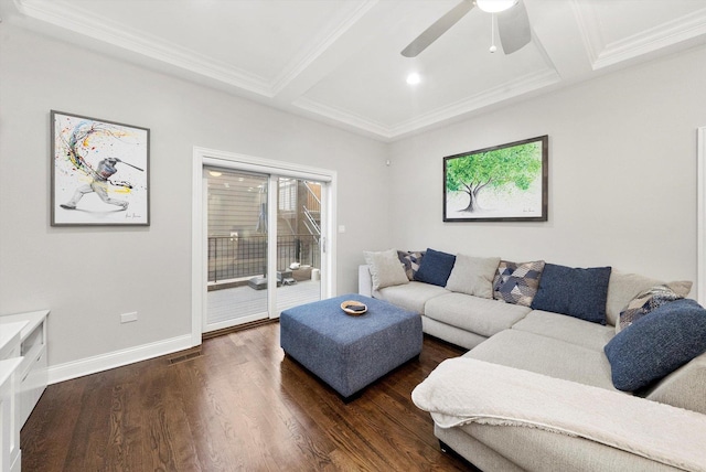 living room featuring beam ceiling, dark wood-style flooring, crown molding, and baseboards