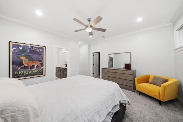 bedroom with ornamental molding, carpet, and visible vents