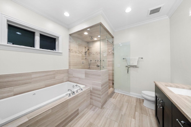 bathroom with a stall shower, visible vents, crown molding, vanity, and a bath