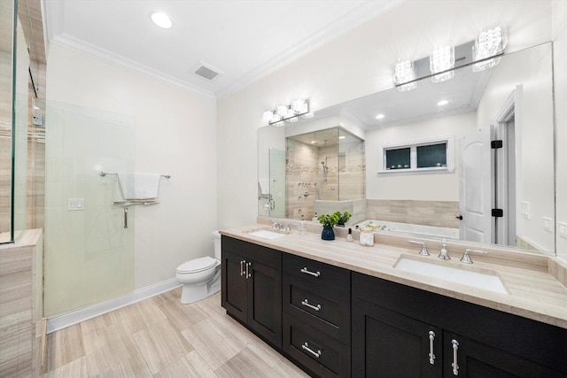 full bathroom with visible vents, tiled shower, toilet, crown molding, and a sink