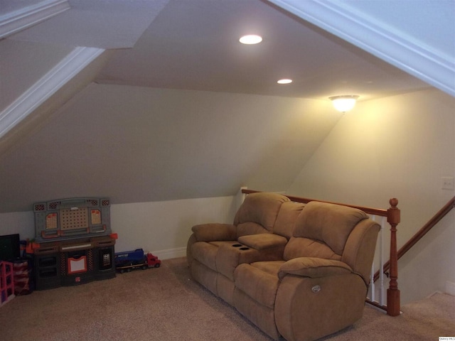 interior space featuring carpet, vaulted ceiling, and recessed lighting