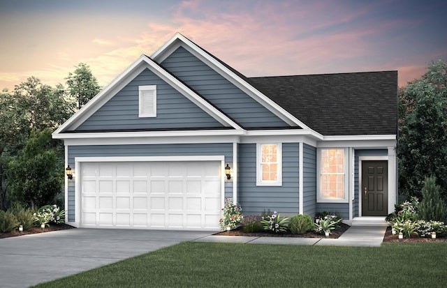 view of front of house featuring a garage, roof with shingles, and driveway