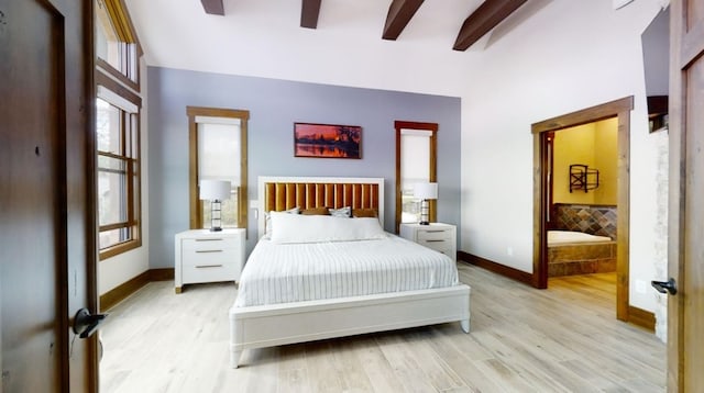 bedroom featuring light wood-style flooring, baseboards, ceiling fan, and beam ceiling