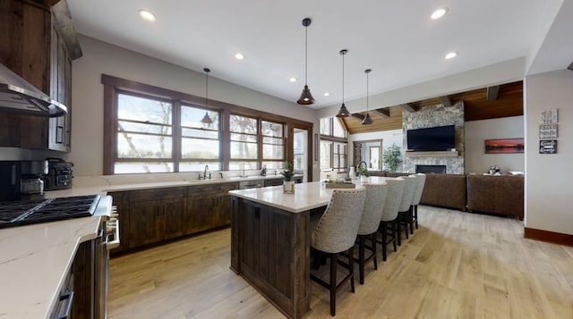 kitchen with light wood-style flooring, wall chimney exhaust hood, a kitchen breakfast bar, high end stainless steel range oven, and a fireplace