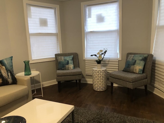 living area featuring dark wood-style flooring and baseboards