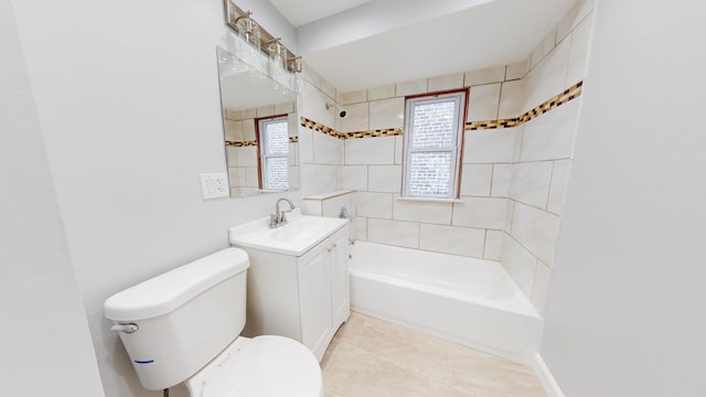 full bath with shower / bath combination, tile patterned flooring, vanity, and toilet