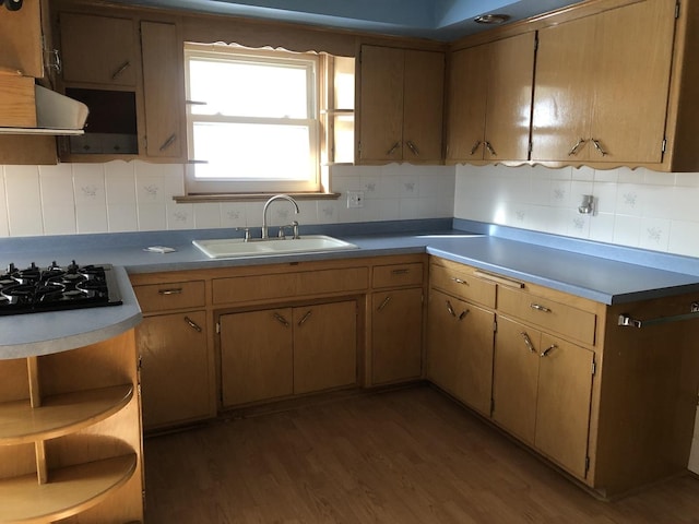 kitchen with wood finished floors, tasteful backsplash, a sink, and black gas cooktop