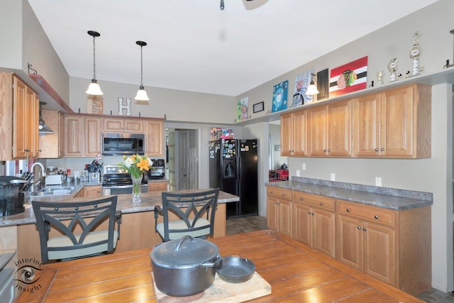 kitchen with hanging light fixtures, light wood-style flooring, stainless steel appliances, and a sink