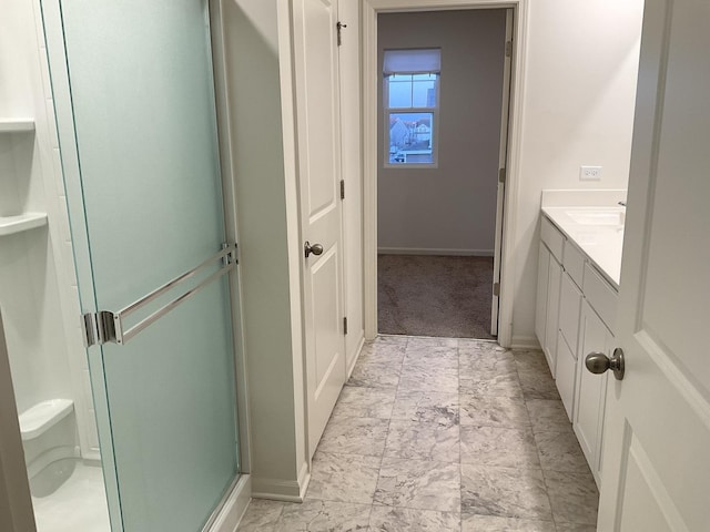 1315 Stonecrop Ln, Joliet, IL 60431 - bathroom with a shower stall, vanity, and baseboards