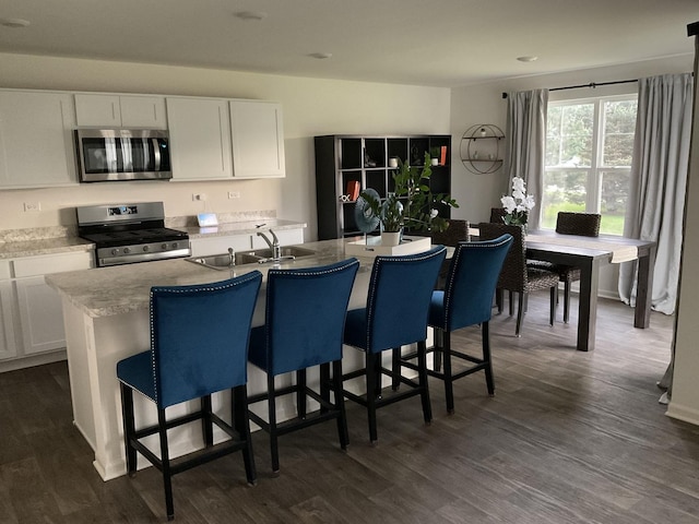 1315 Stonecrop Ln, Joliet, IL 60431 - kitchen featuring appliances with stainless steel finishes, white cabinetry, a kitchen island with sink, and dark wood-style floors