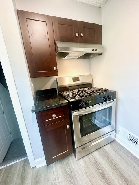 kitchen with dark brown cabinetry, visible vents, ventilation hood, light wood finished floors, and gas range