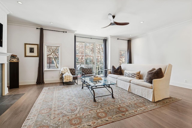 living area featuring wood finished floors, ornamental molding, a fireplace with flush hearth, and baseboards