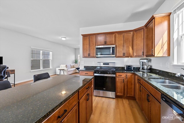 kitchen featuring appliances with stainless steel finishes, open floor plan, a sink, and light wood-style flooring