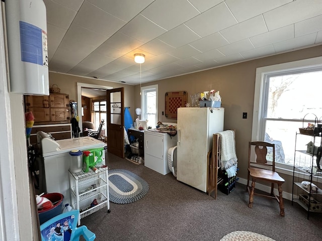 misc room featuring washer / clothes dryer, carpet, and baseboards